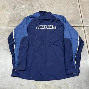 vintage nike navy and white spell out small swoosh windbreaker jacket size large